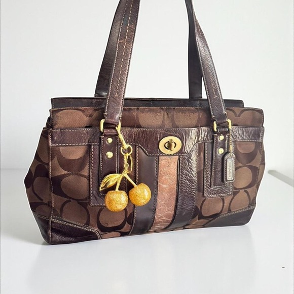 Y2k Coach Hamptons Signature Brown Canvas Leather Turnlock Double Handle Bag - Picture 1 of 8